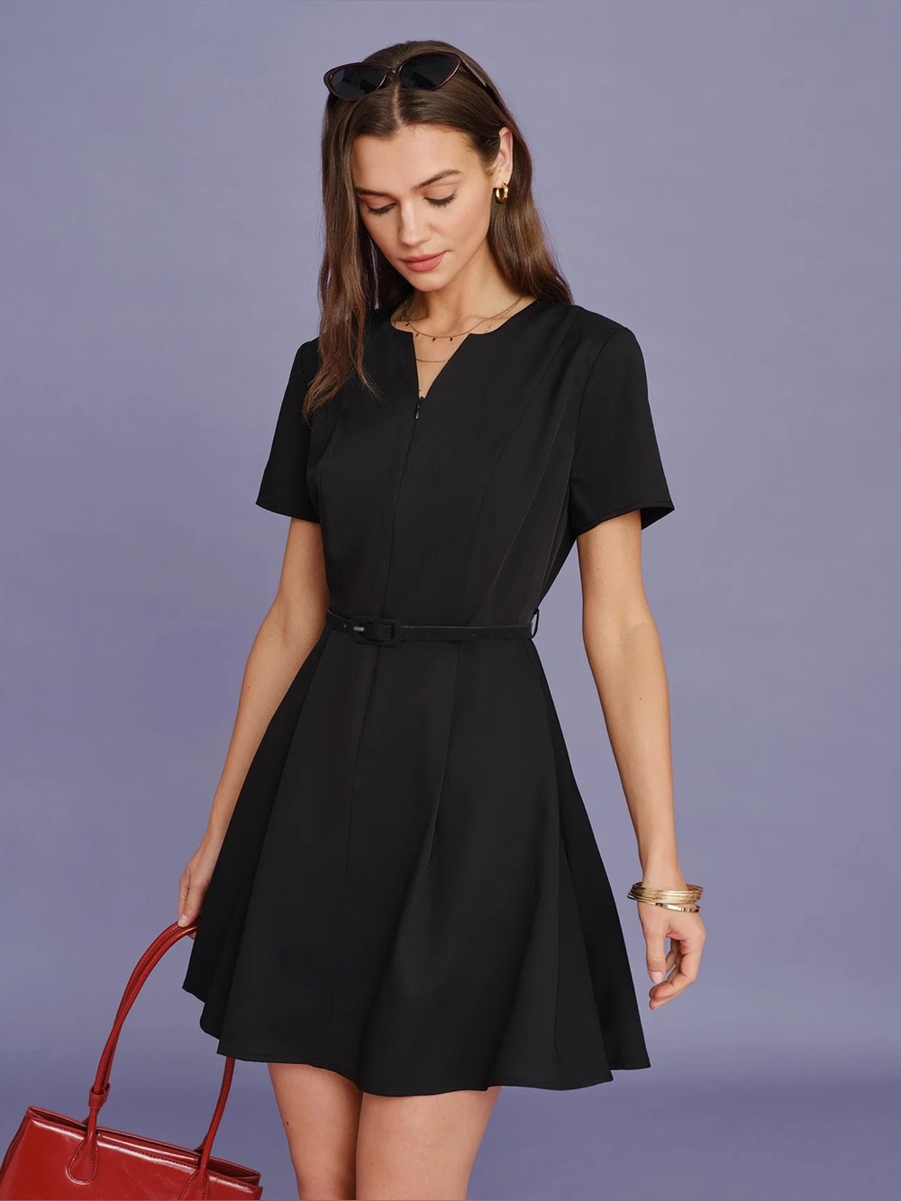 Women's Black Belt Ruched Short Sleeve Fit & Flare Dress